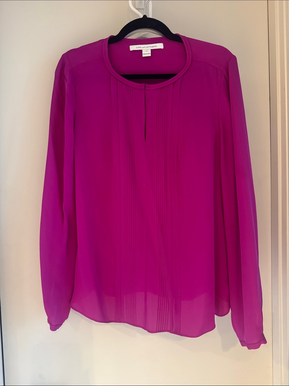 Diane Von Furstenberg Fuchsia Pleated Long-Sleeve Blouse